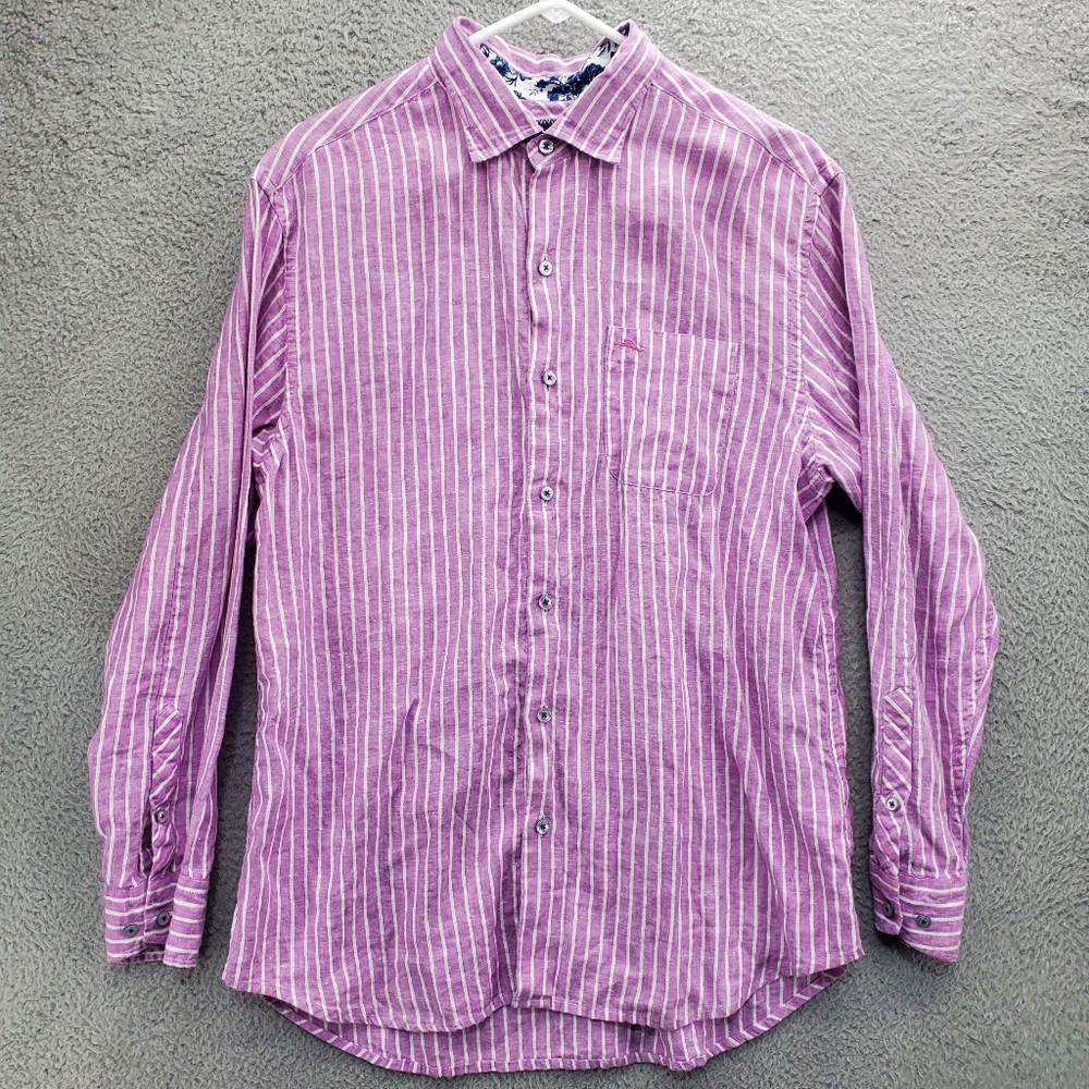 Tommy Bahama Linen Shirt Mens Size Medium Button Up Long Sleeve Stripe Purple